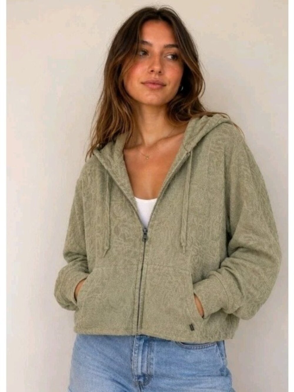Billabong Textured Zip Hoodie Jacket Pockets Lightweight Beach Size L Sage